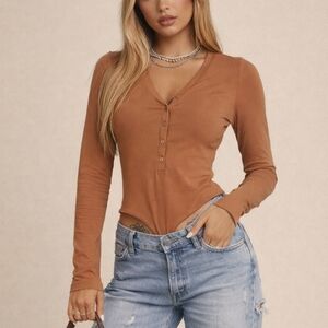 House Of Harlow 1960 X Revolve Bodysuit Size XS Tan Brown Long Sleeve